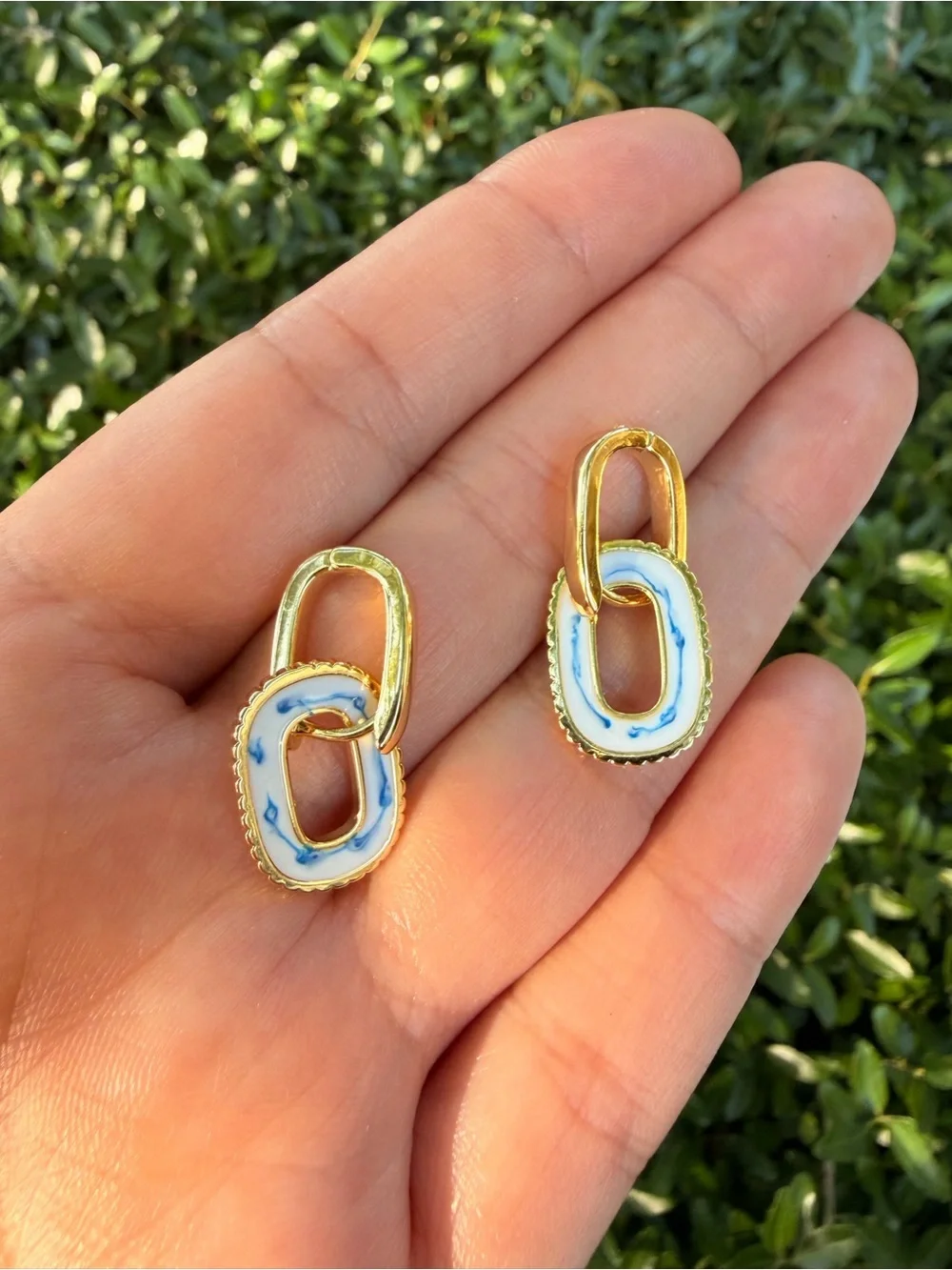 Gold Link Drop Earrings with White & Blue Enamel - Picture 6 of 6